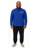 Adult wearing QUPPL weighted jacket in royal blue color showing front view.