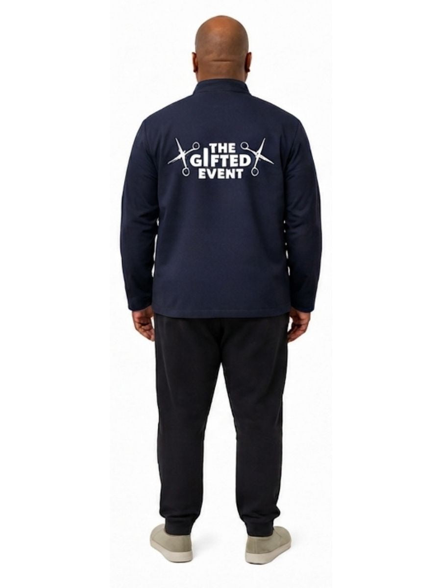 Adult wearing QUPPL weighted jacket in dark navy color showing back view.