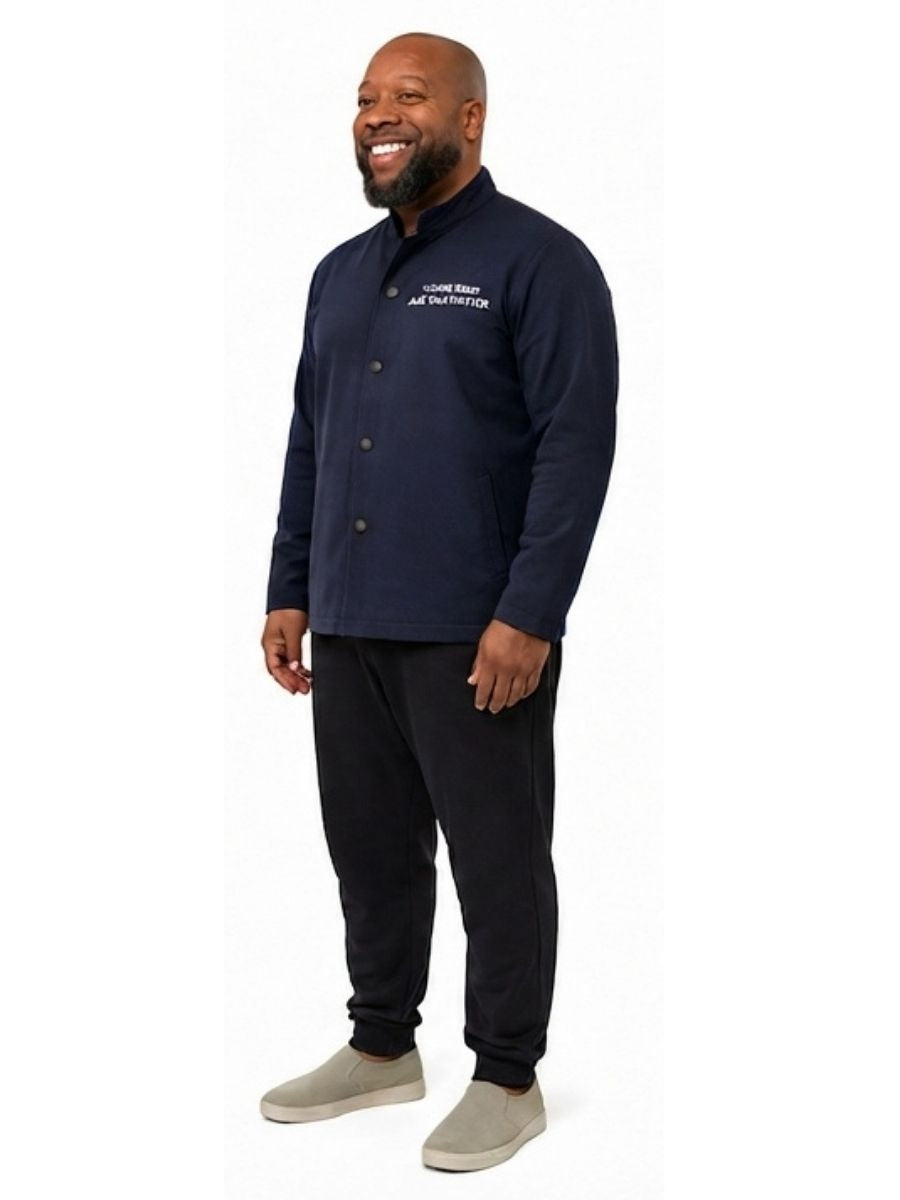 Adult wearing QUPPL weighted jacket in dark navy color showing 45 degree view.