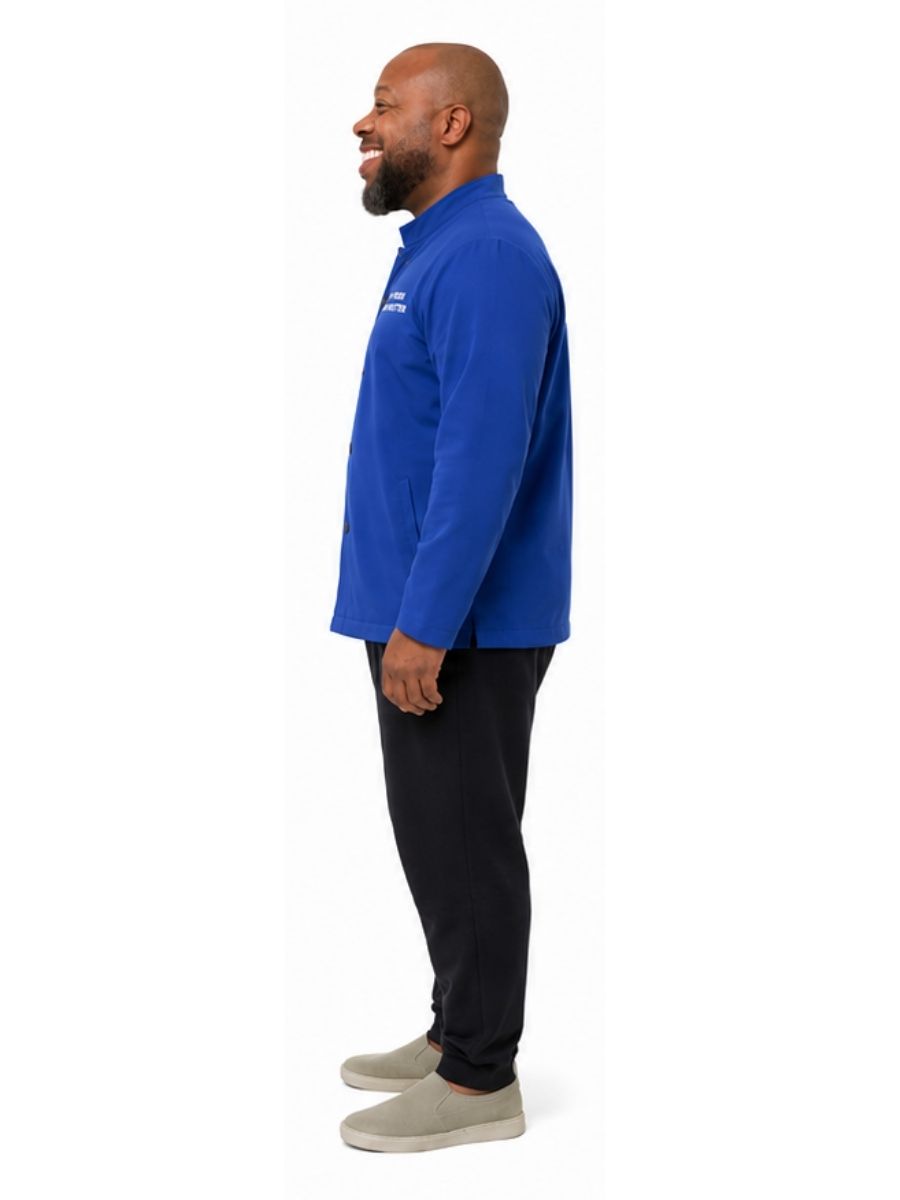 Adult wearing QUPPL weighted jacket in royal blue color showing side view.