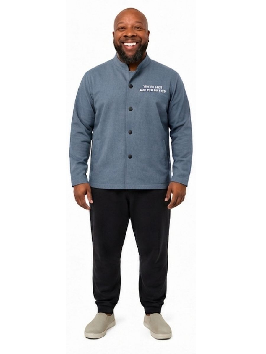 Adult wearing QUPPL weighted jacket in deep sky blue color showing front view.