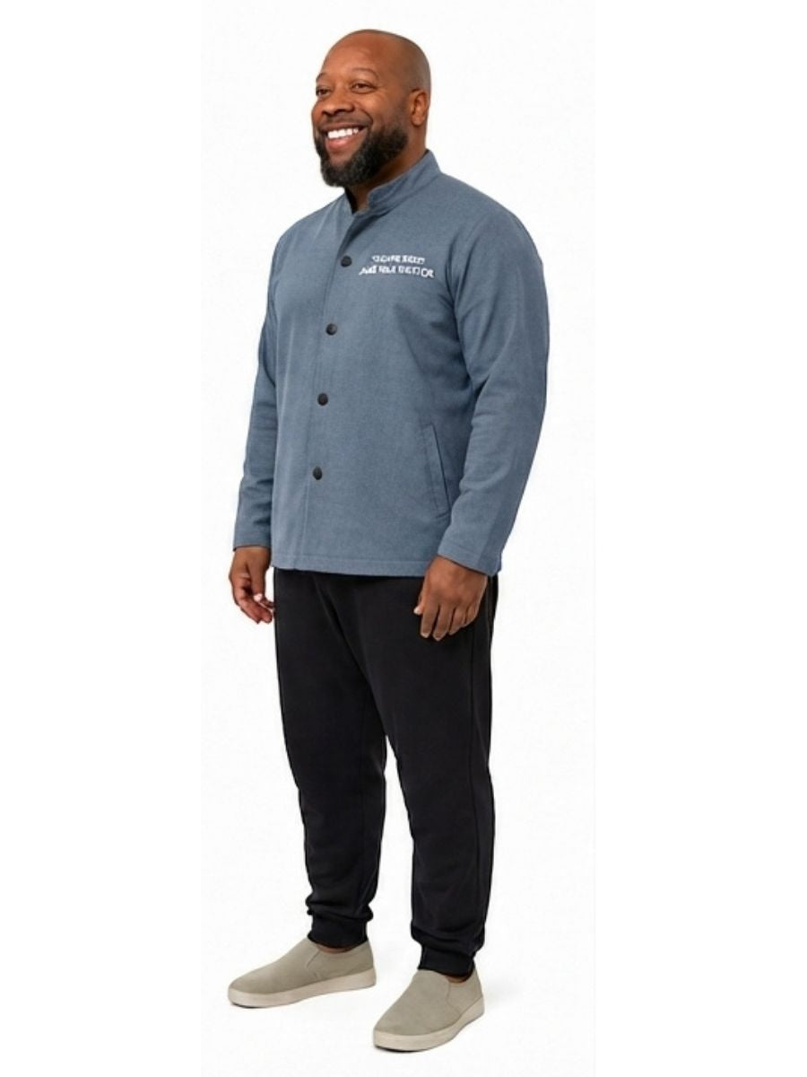 Adult wearing QUPPL weighted jacket in deep sky blue color showing 45 degree view.