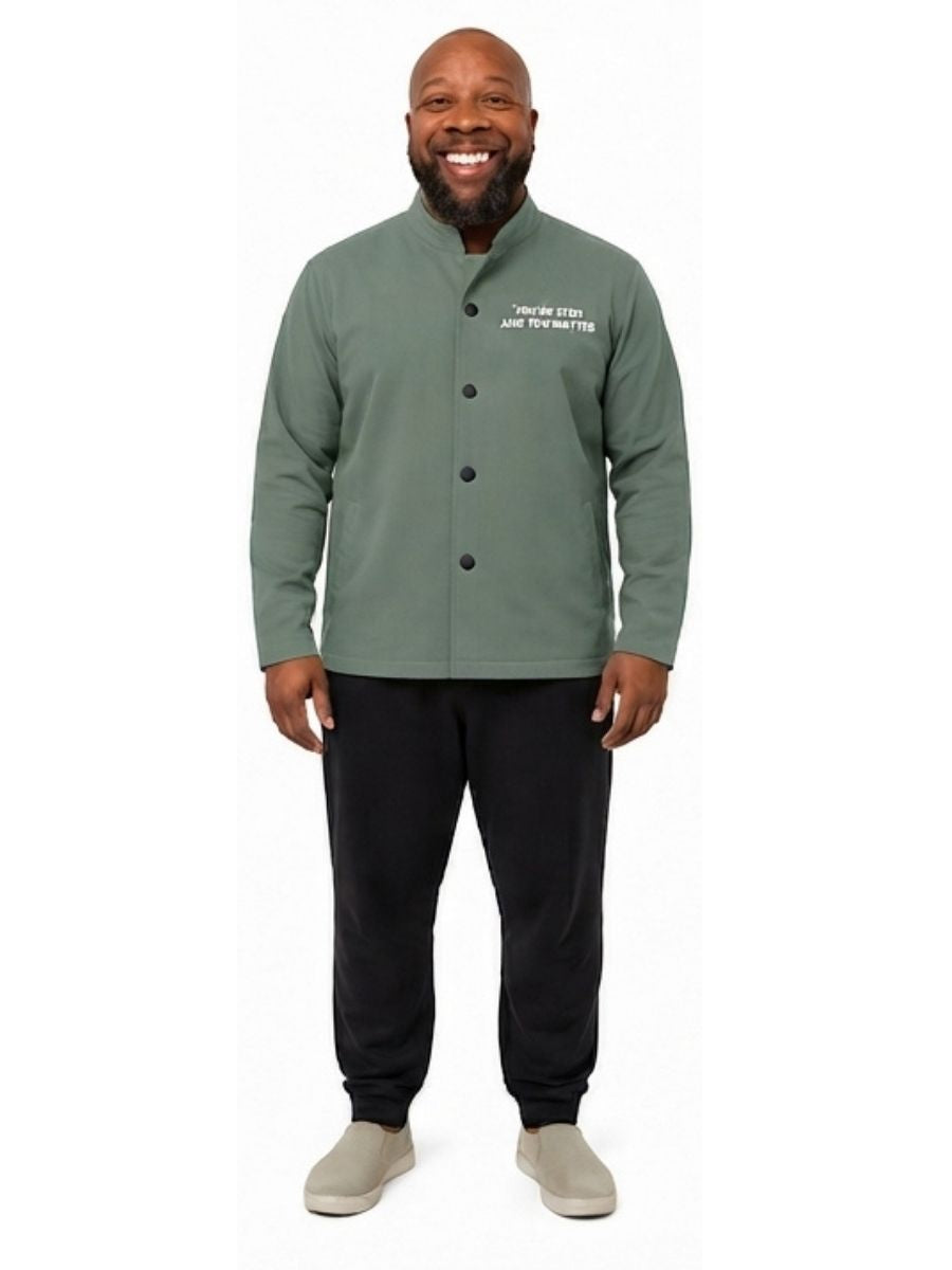 Adult wearing QUPPL weighted jacket in army green color showing front view.