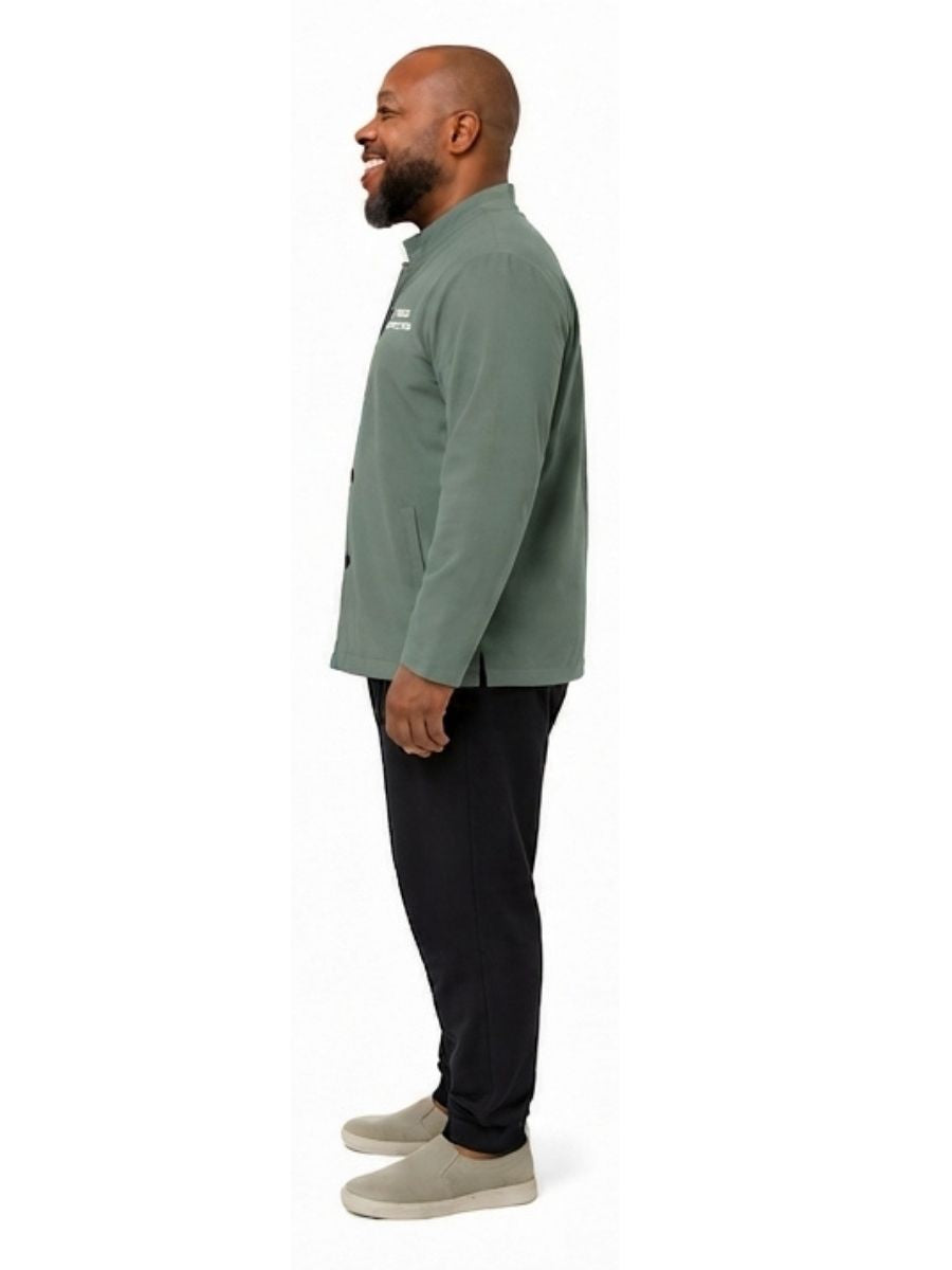 Adult wearing QUPPL weighted jacket in army green color showing side view.