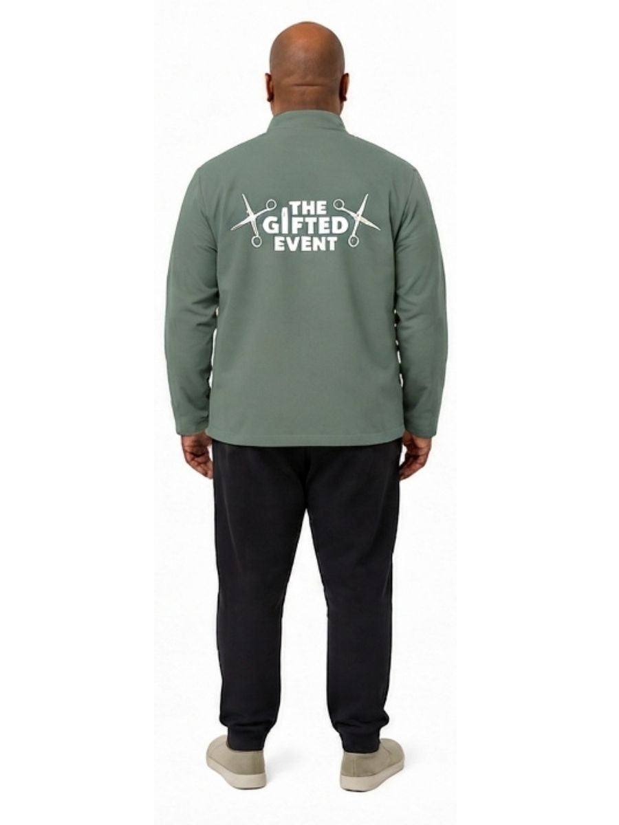 Adult wearing QUPPL weighted jacket in army green color showing back view.