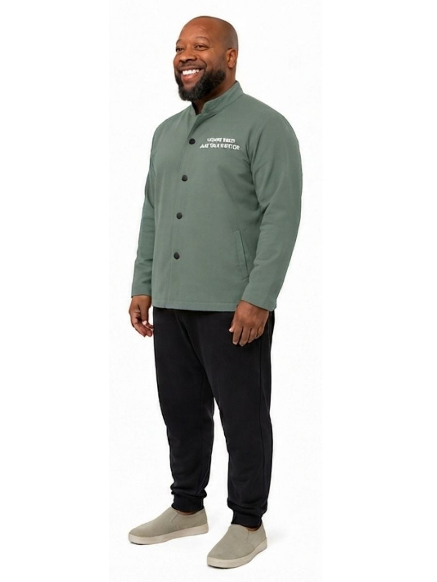Adult wearing QUPPL weighted jacket in army green color showing 45 degree view.