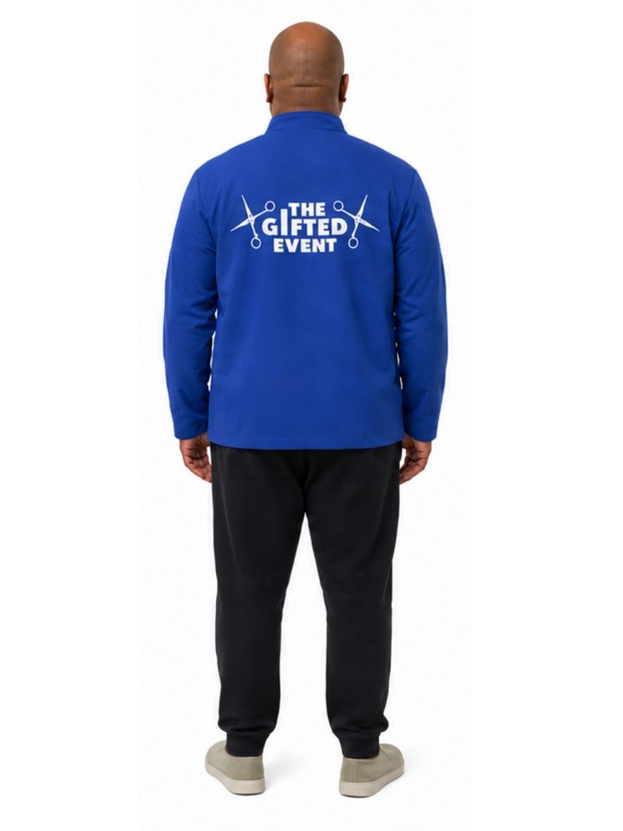 Adult wearing QUPPL weighted jacket in royal blue color showing back view.