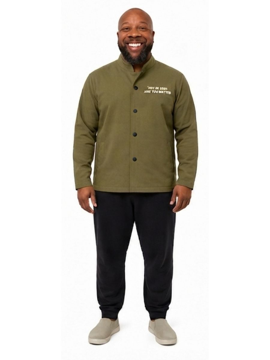 Adult wearing QUPPL weighted jacket in khaki green color showing front view
