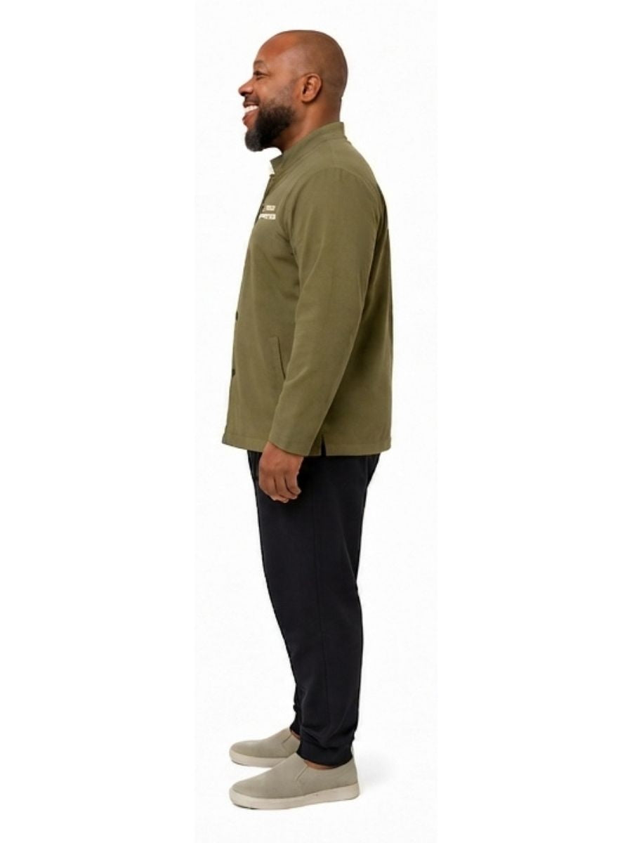 Adult wearing QUPPL weighted jacket in khaki green color showing side view.