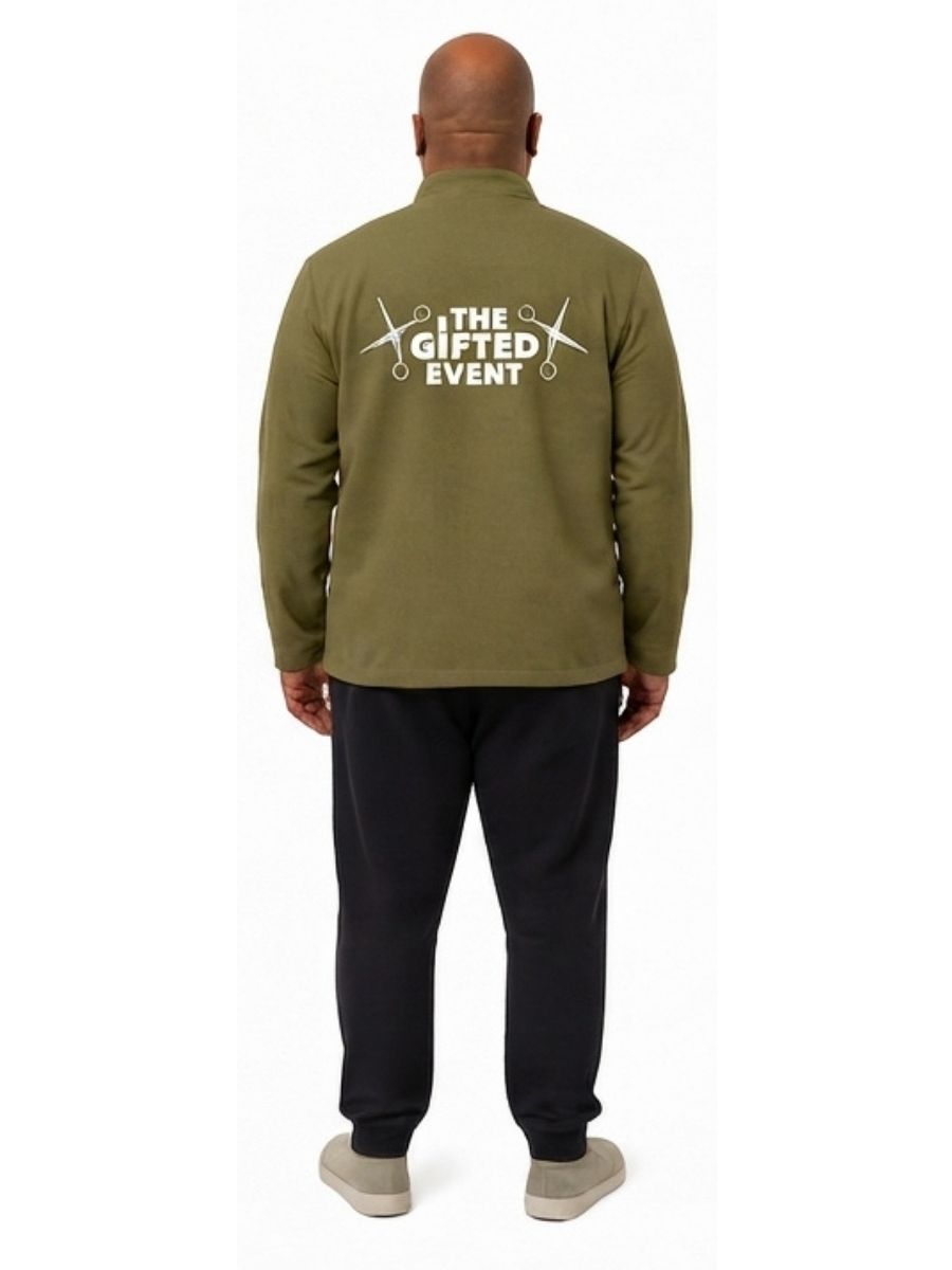 Adult wearing QUPPL weighted jacket in khaki green color showing back view.
