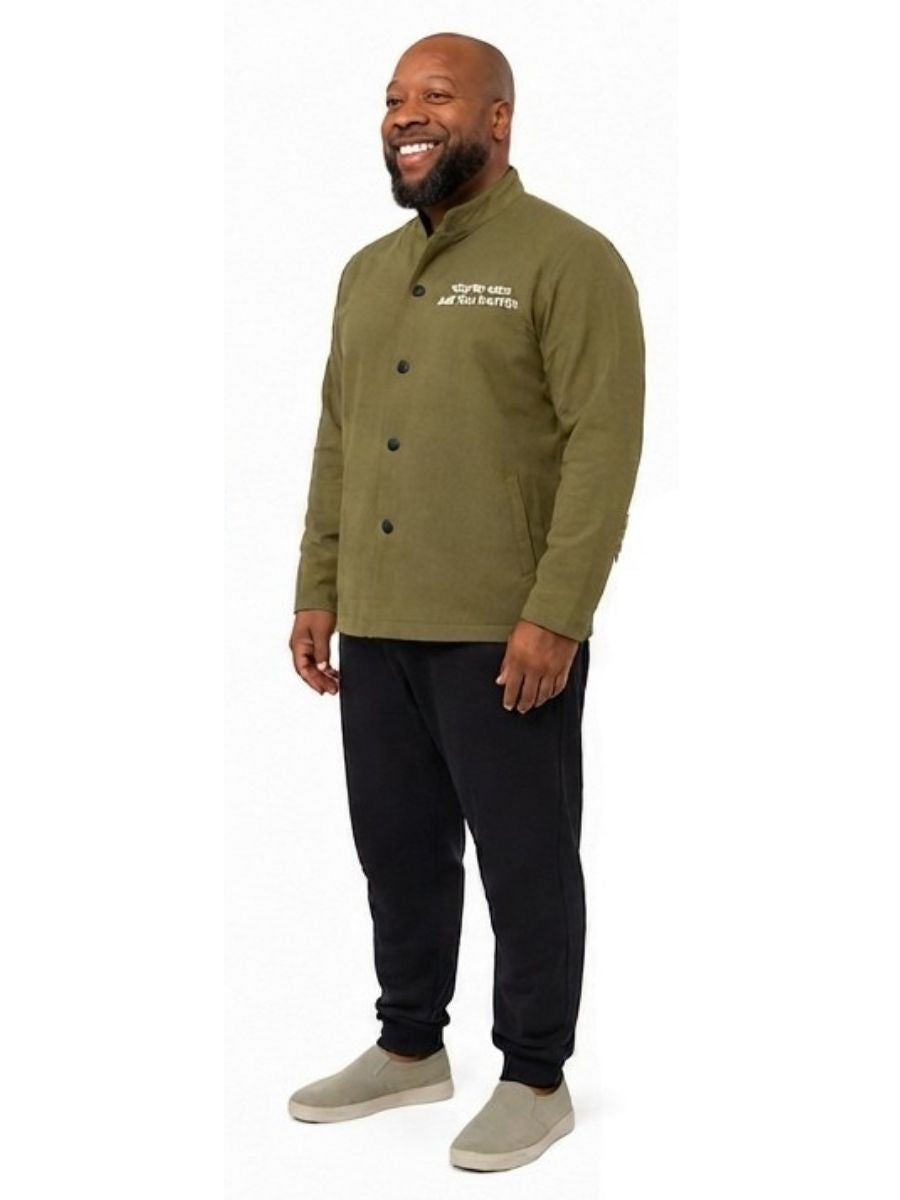 Adult wearing QUPPL weighted jacket in khaki green color showing 45 degree view.