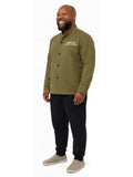 Adult wearing QUPPL weighted jacket in khaki green color showing 45 degree view.