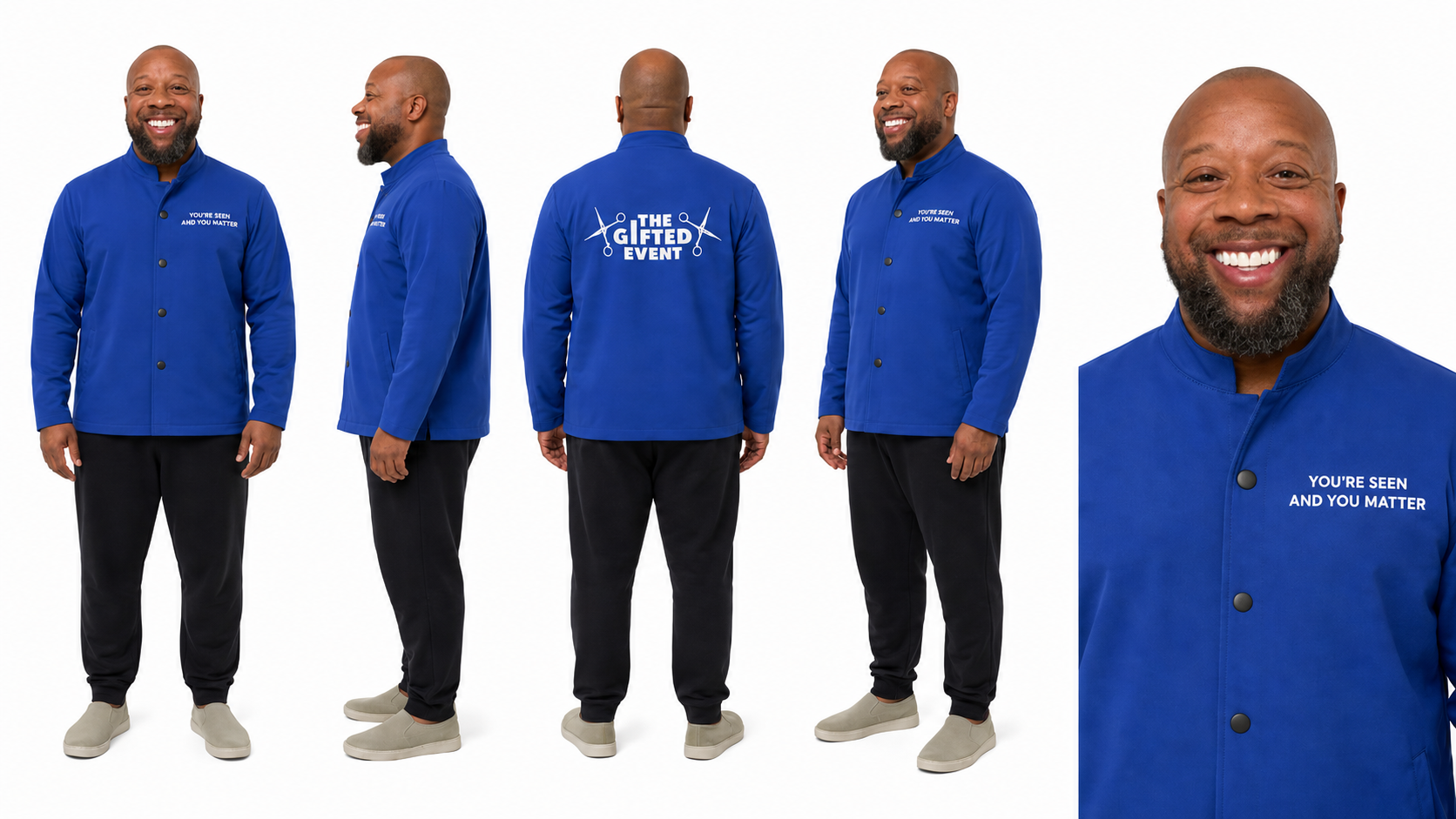 Man wearing a blue shirt with text, shown from multiple angles on a white background.